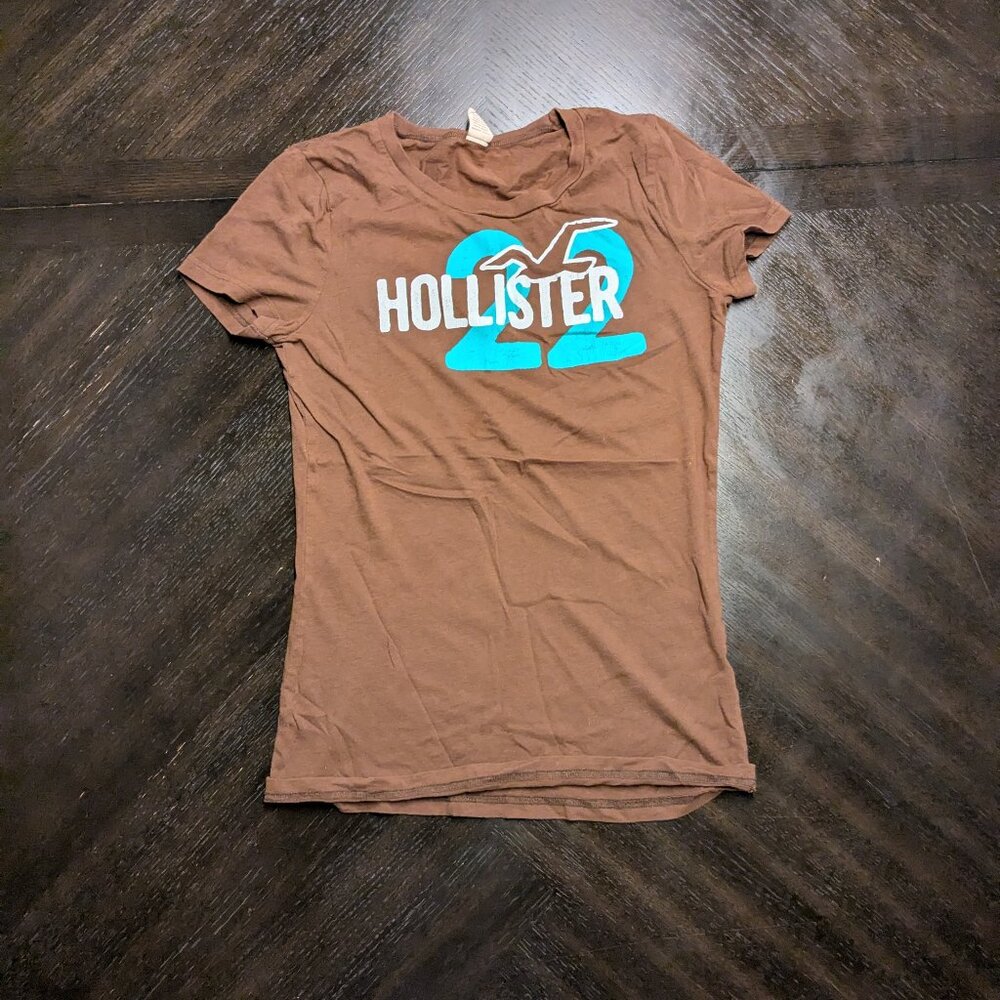 Hollister Vintage Tee – Brown, Teal & White, Size L (Runs Small)